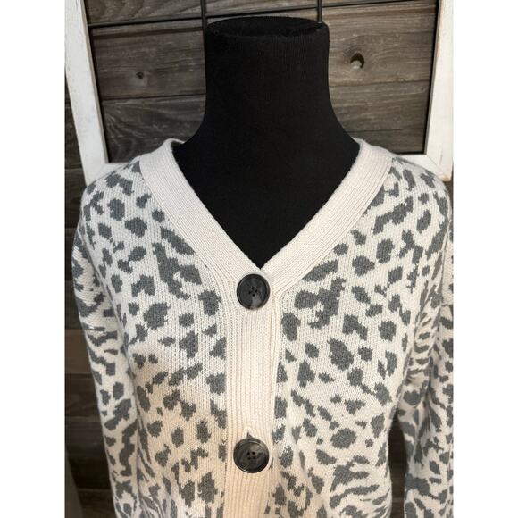 Ann Taylor The Loft 100% cotton crop top cheetah print gray cardigan women's M - Picture 2 of 8